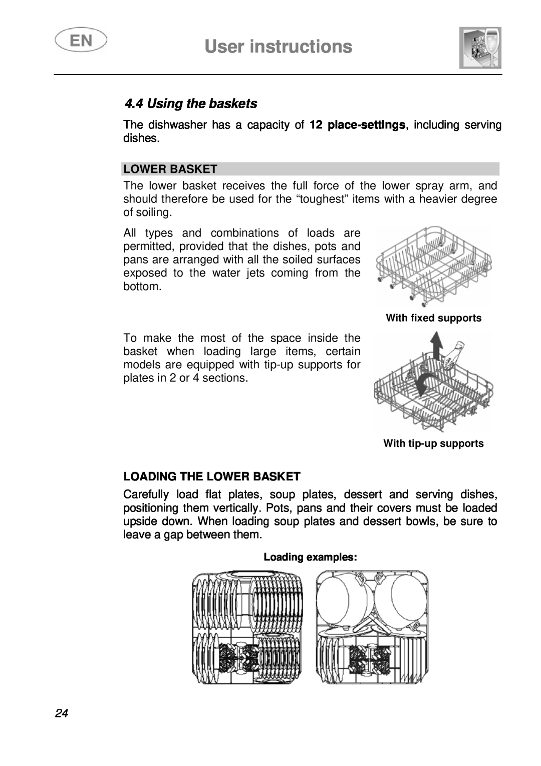 Smeg DI612A1 instruction manual User instructions, Using the baskets, Loading The Lower Basket 