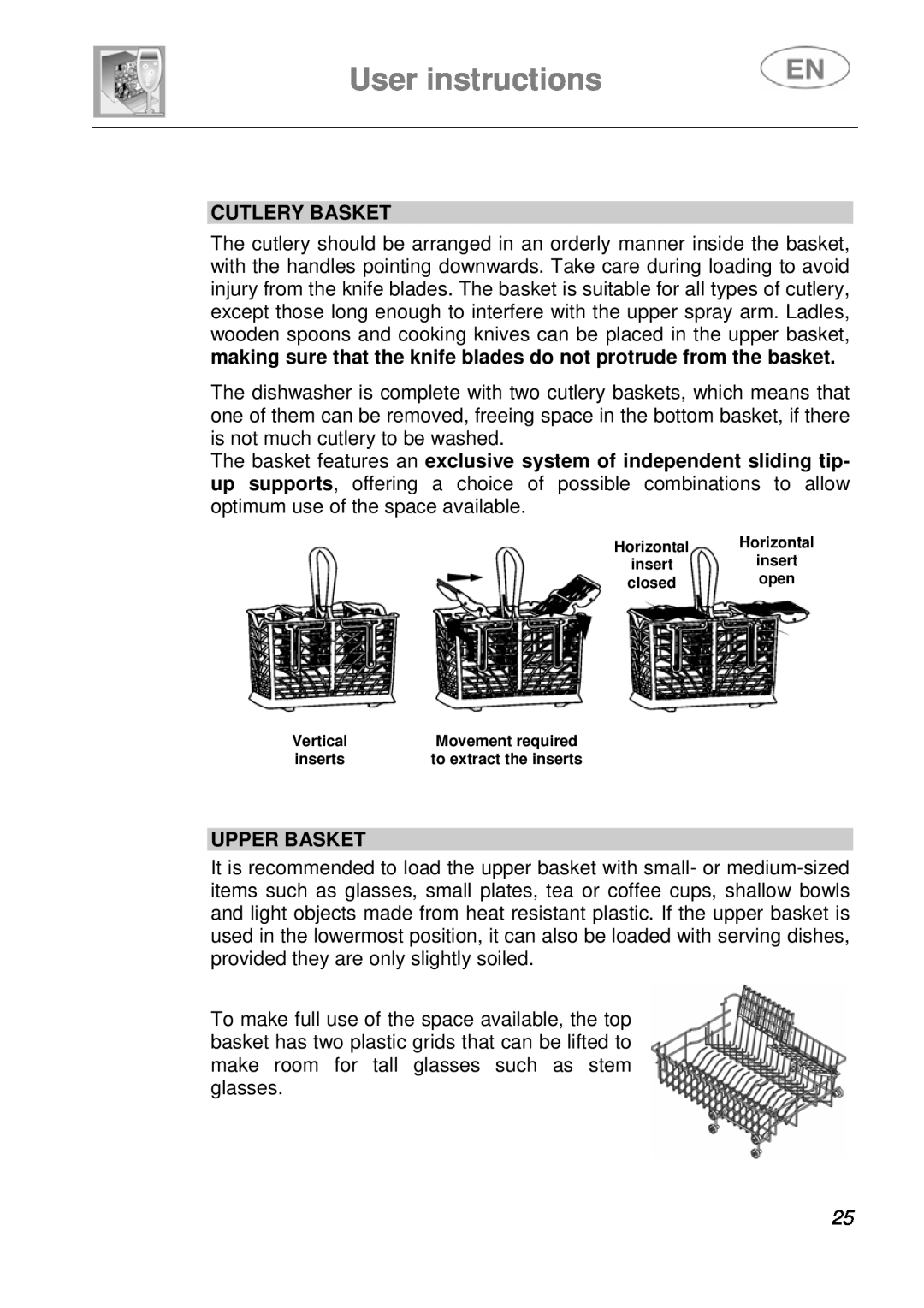 Smeg DI612A1 instruction manual User instructions, Cutlery Basket, Upper Basket 
