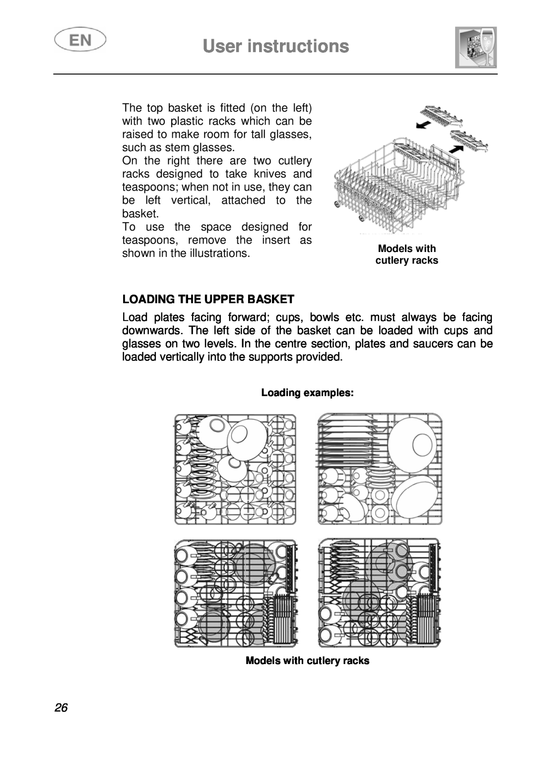 Smeg DI612A1 instruction manual User instructions, Loading The Upper Basket, Loading examples Models with cutlery racks 