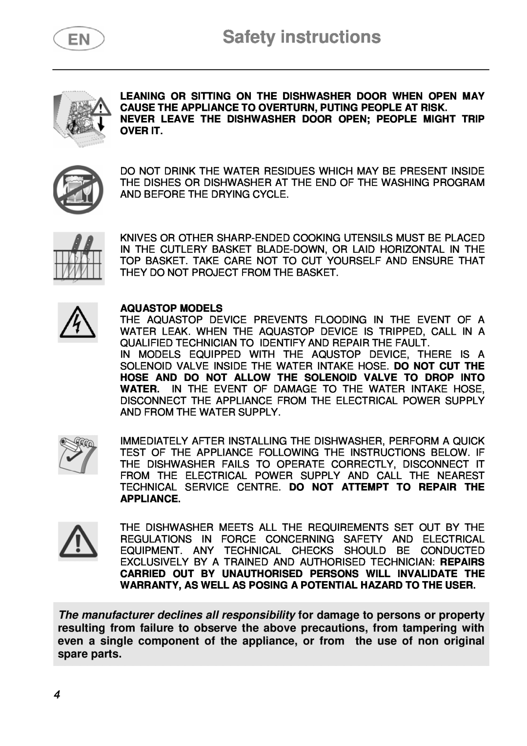 Smeg DI612A1 instruction manual Safety instructions, Aquastop Models, Appliance 