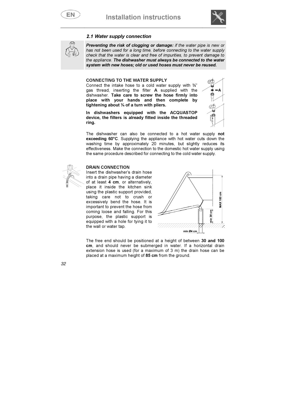 Smeg DI612CAH manual Water supply connection, Connecting to the Water Supply, Drain Connection 