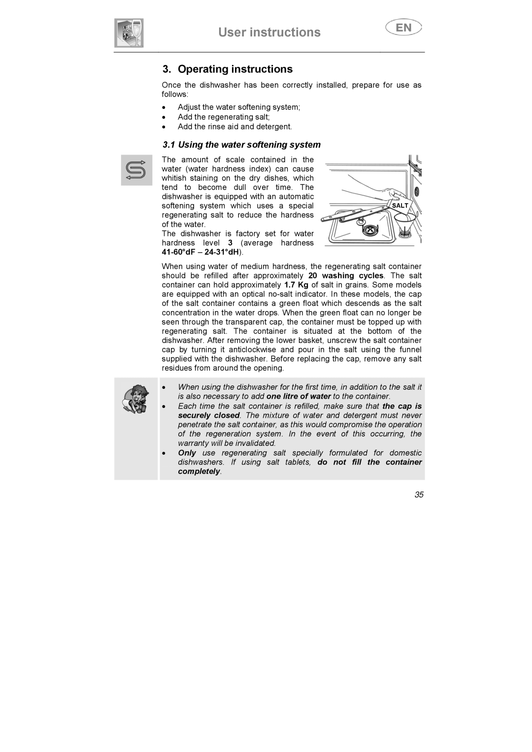 Smeg DI612CAH manual Operating instructions, Using the water softening system 