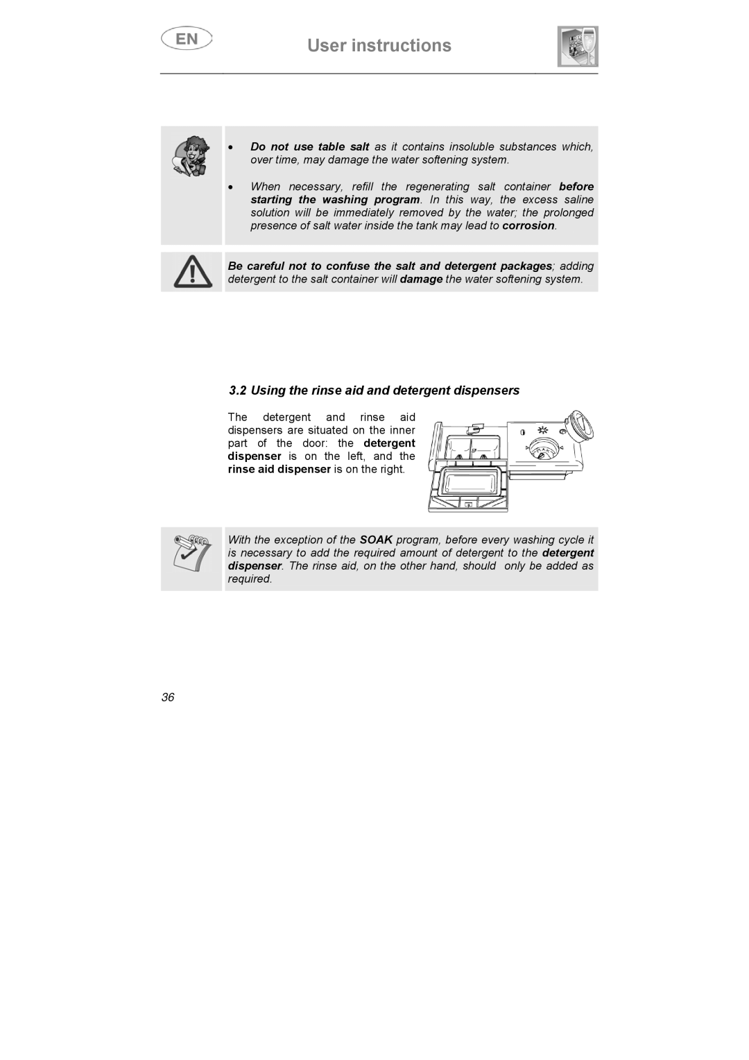 Smeg DI612CAH manual Using the rinse aid and detergent dispensers 