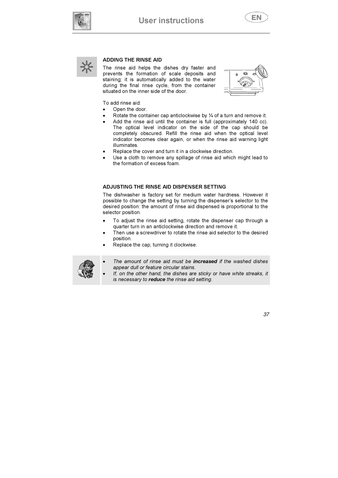 Smeg DI612CAH manual Adding the Rinse AID, Adjusting the Rinse AID Dispenser Setting 