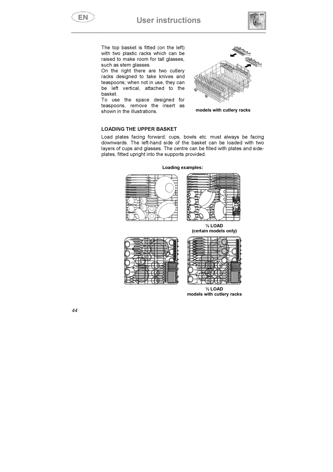 Smeg DI612CAH manual Loading the Upper Basket 