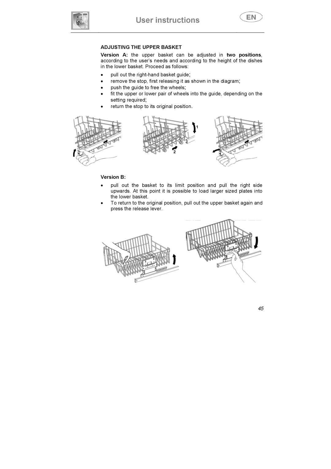 Smeg DI612CAH manual Adjusting the Upper Basket, Version B 