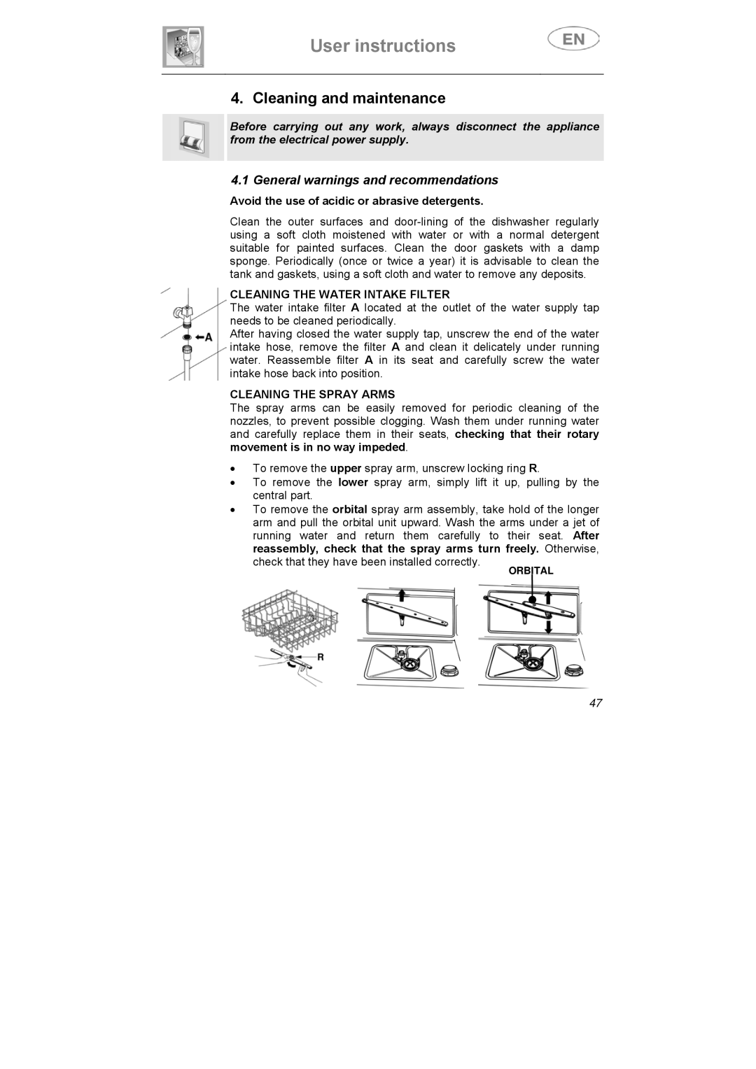 Smeg DI612CAH manual Cleaning and maintenance, Cleaning the Water Intake Filter, Cleaning the Spray Arms 