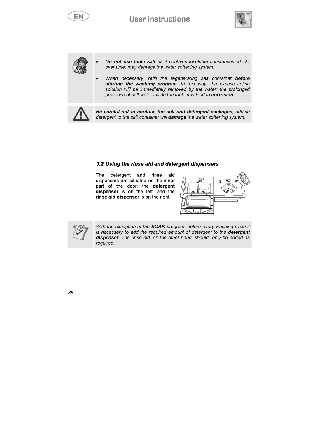 Smeg DI612CAH manual User instructions, Using the rinse aid and detergent dispensers 