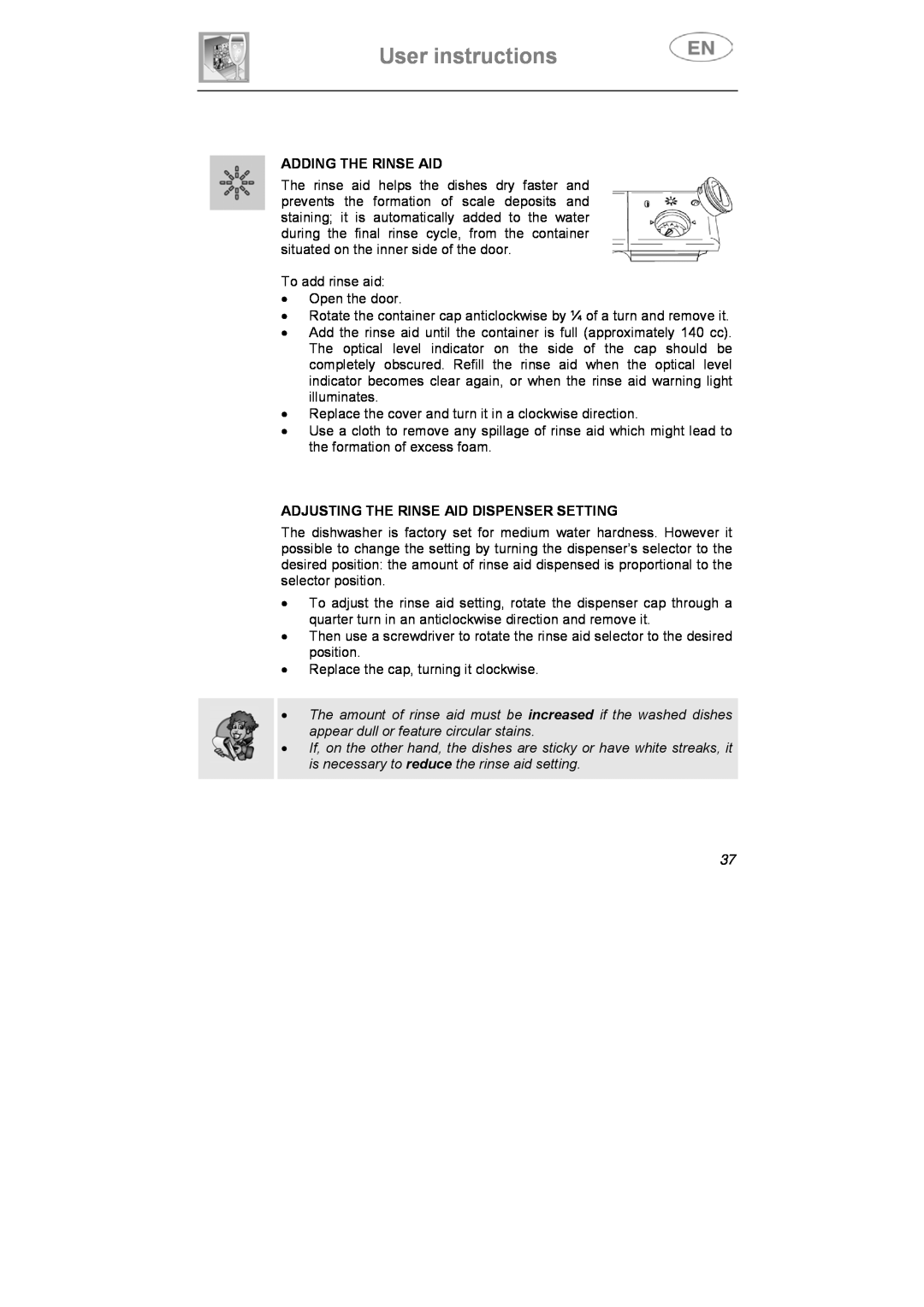 Smeg DI612CAH manual User instructions, Adding The Rinse Aid, Adjusting The Rinse Aid Dispenser Setting 