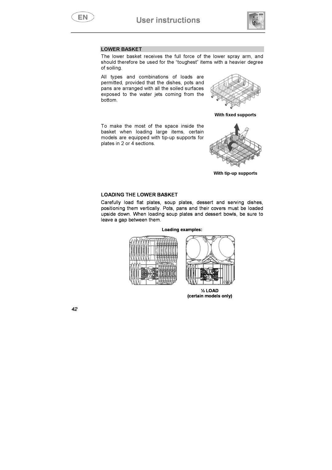 Smeg DI612CAH manual User instructions, Loading The Lower Basket, With fixed supports, With tip-up supports 