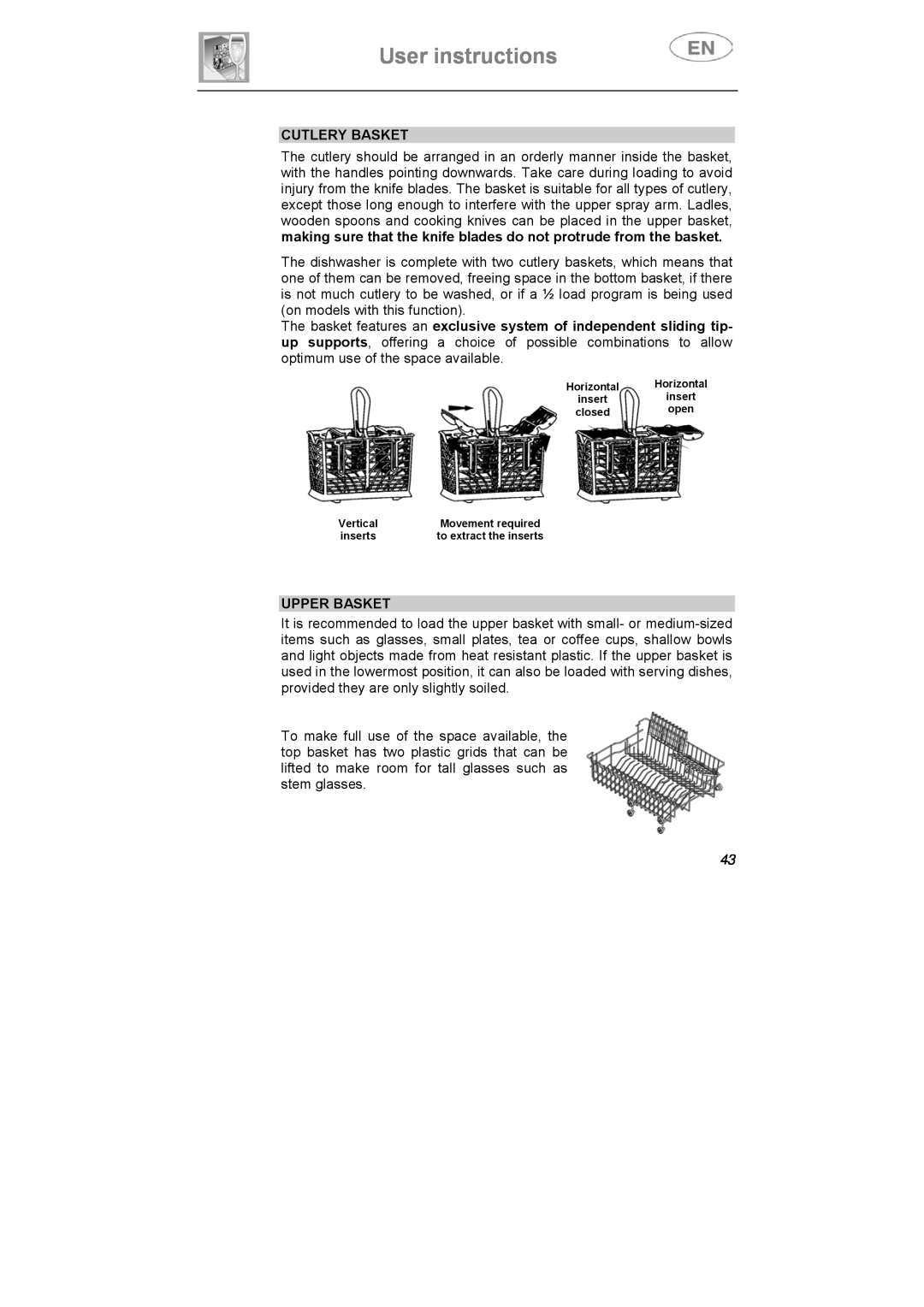 Smeg DI612CAH manual User instructions, Cutlery Basket, Upper Basket, closed, inserts 