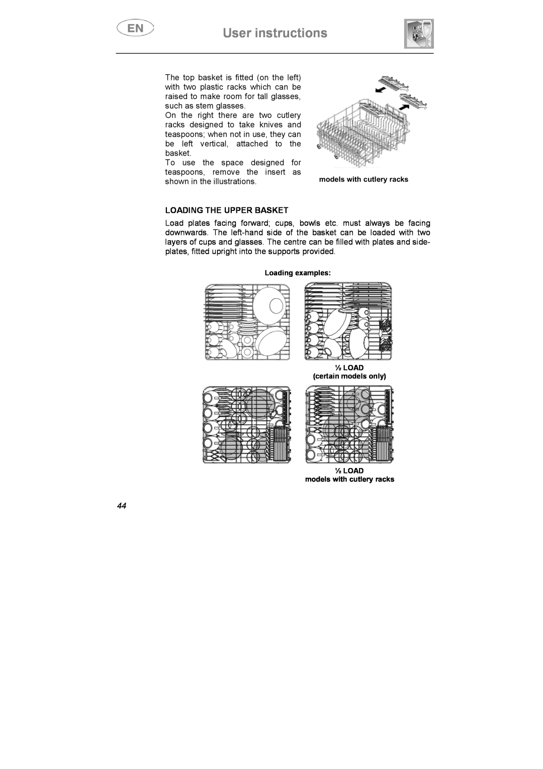 Smeg DI612CAH manual User instructions, Loading The Upper Basket 