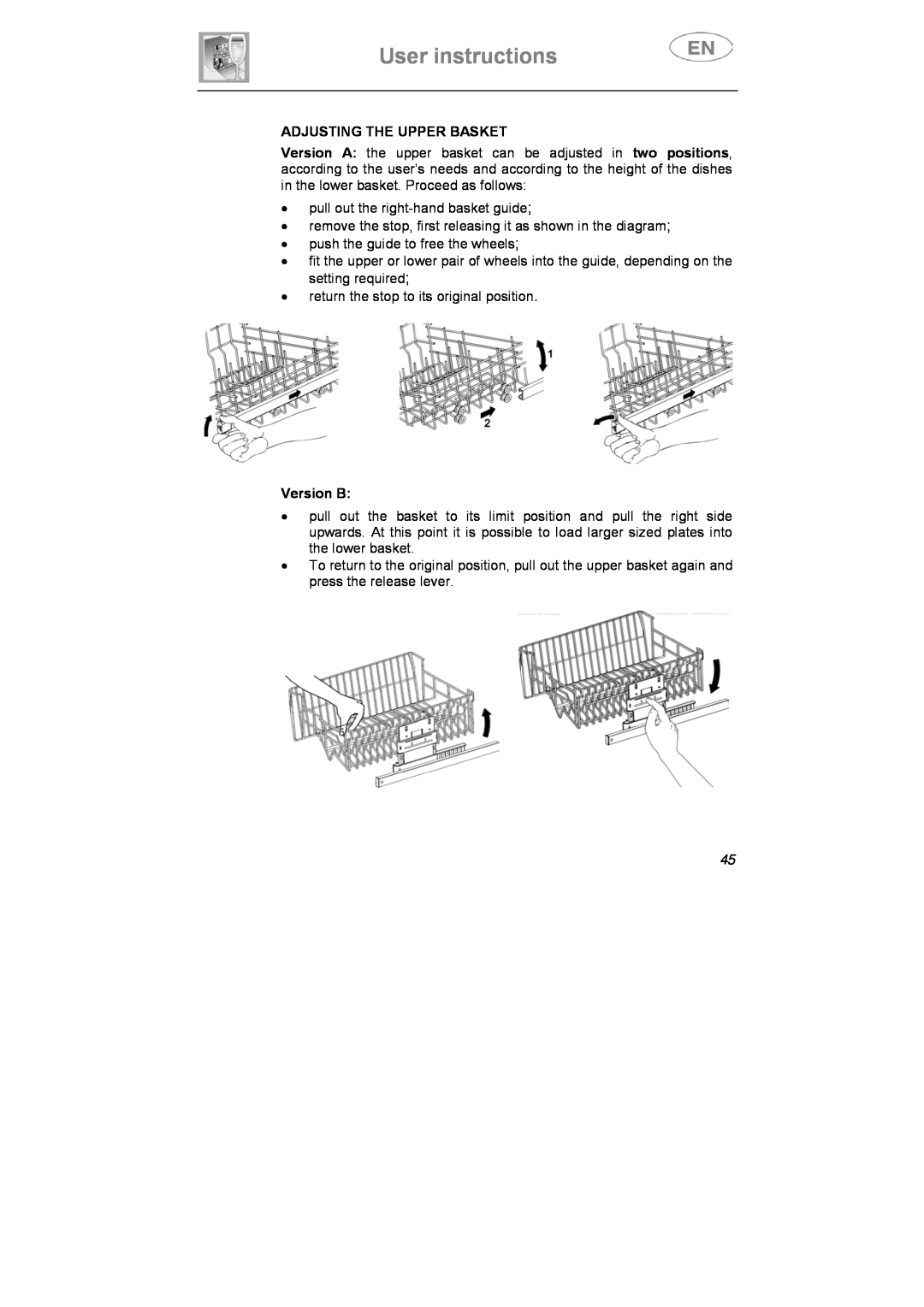 Smeg DI612CAH manual User instructions, Adjusting The Upper Basket, Version B 