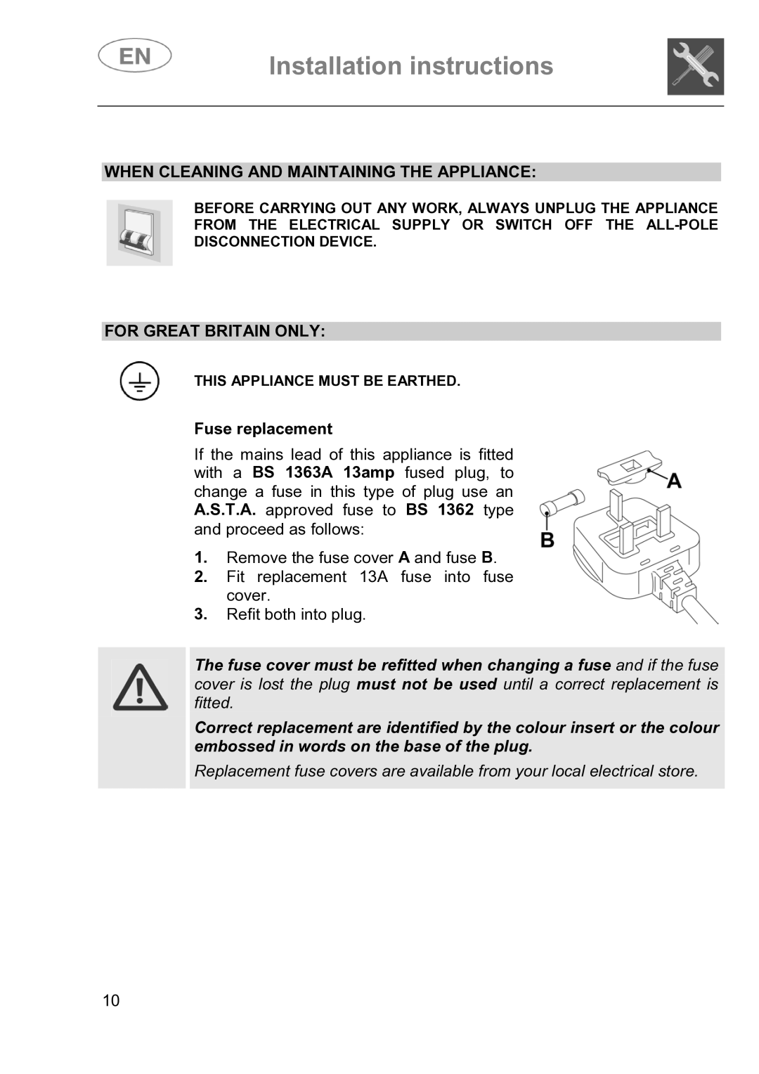 Smeg DI614H instruction manual When Cleaning and Maintaining the Appliance, For Great Britain only 