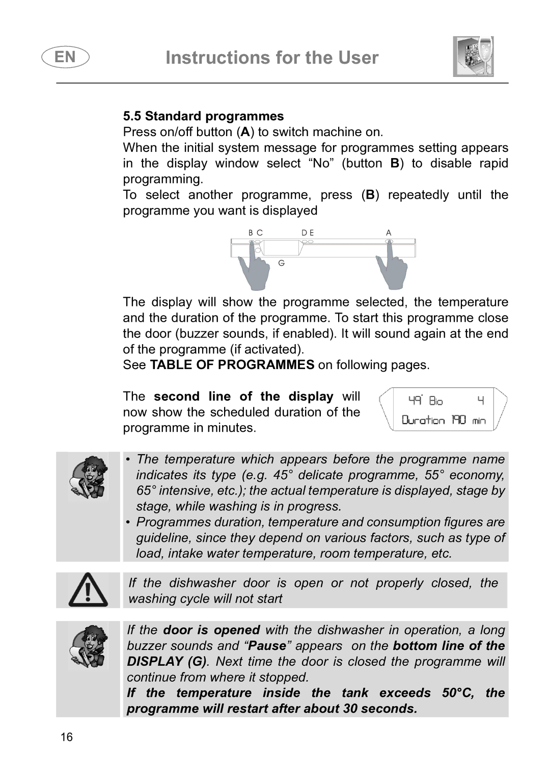 Smeg DI614H instruction manual Standard programmes 