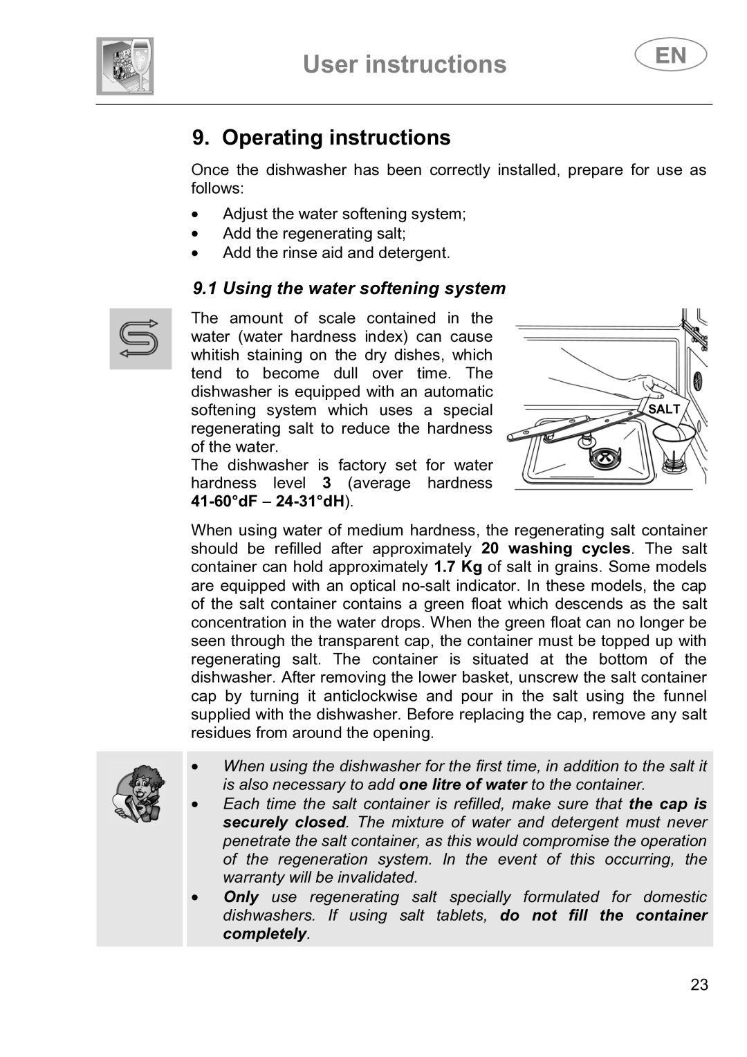 Smeg DI614H instruction manual User instructions, Using the water softening system 