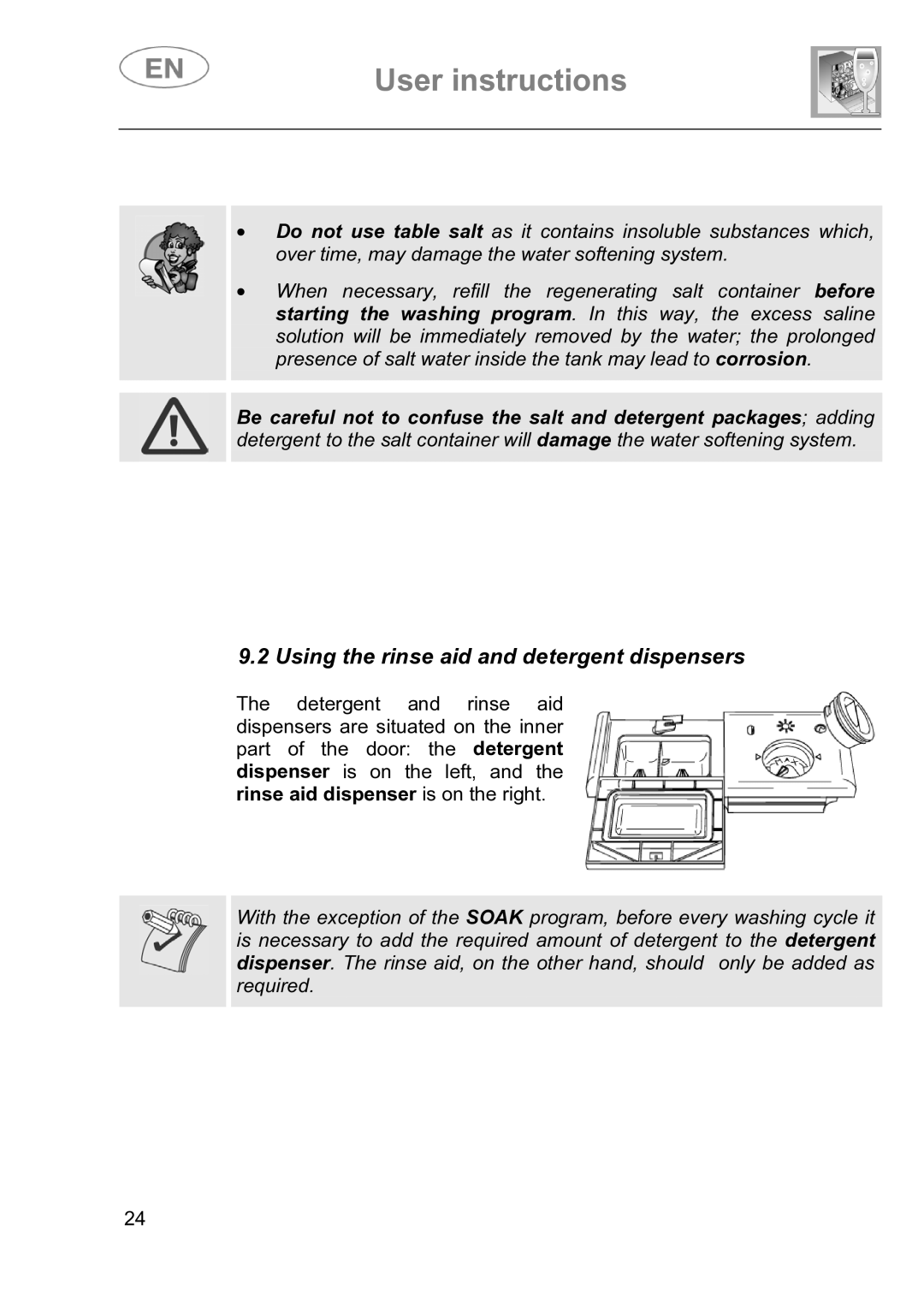 Smeg DI614H instruction manual Using the rinse aid and detergent dispensers 