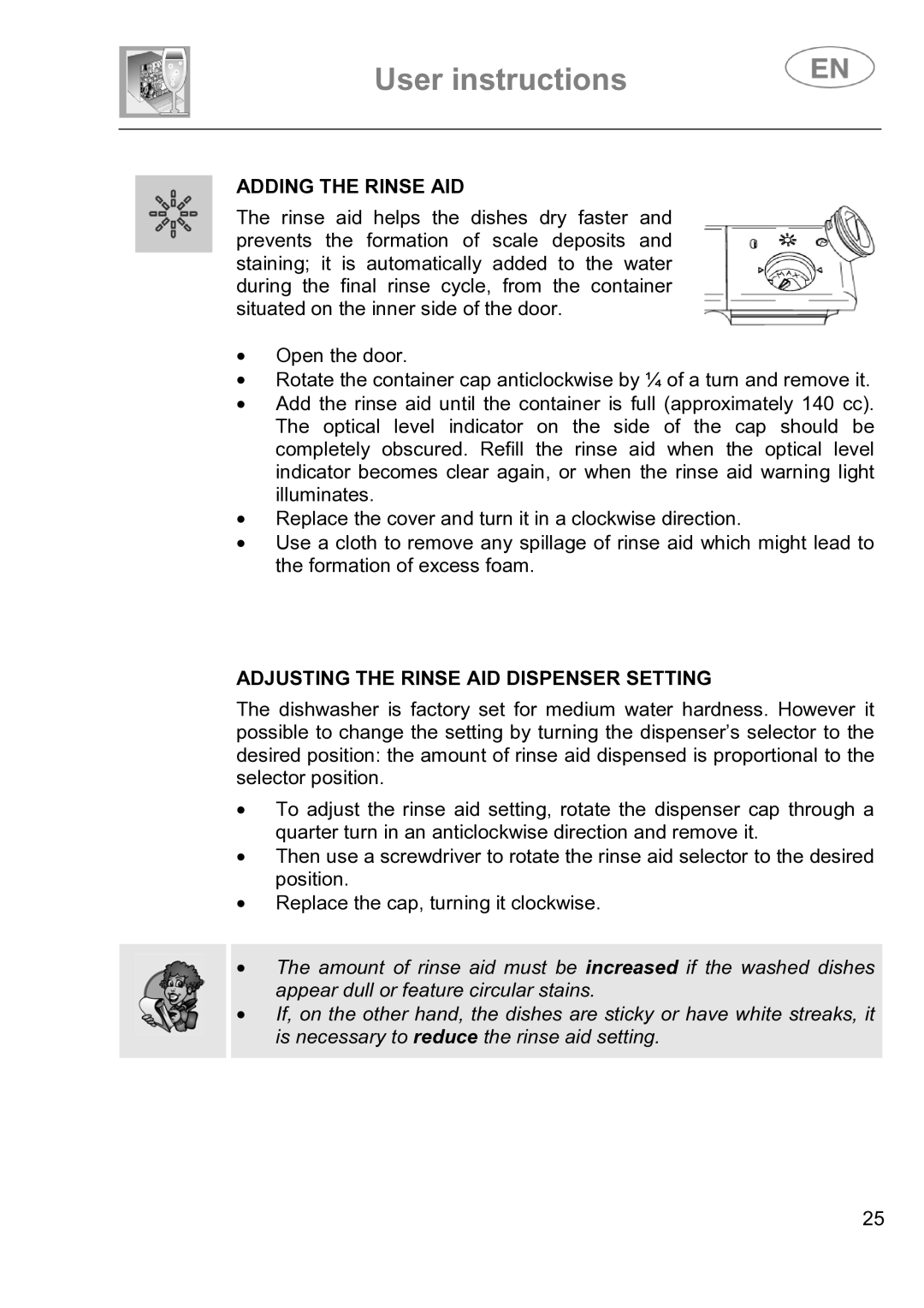 Smeg DI614H instruction manual Adding the Rinse AID, Adjusting the Rinse AID Dispenser Setting 