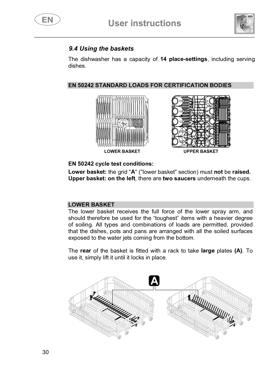 Smeg DI614H instruction manual Using the baskets, EN 50242 Standard Loads for Certification Bodies, Lower Basket 