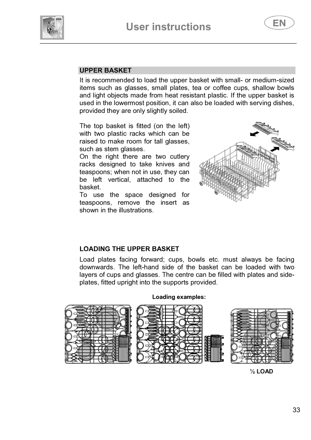 Smeg DI614H instruction manual Loading the Upper Basket 