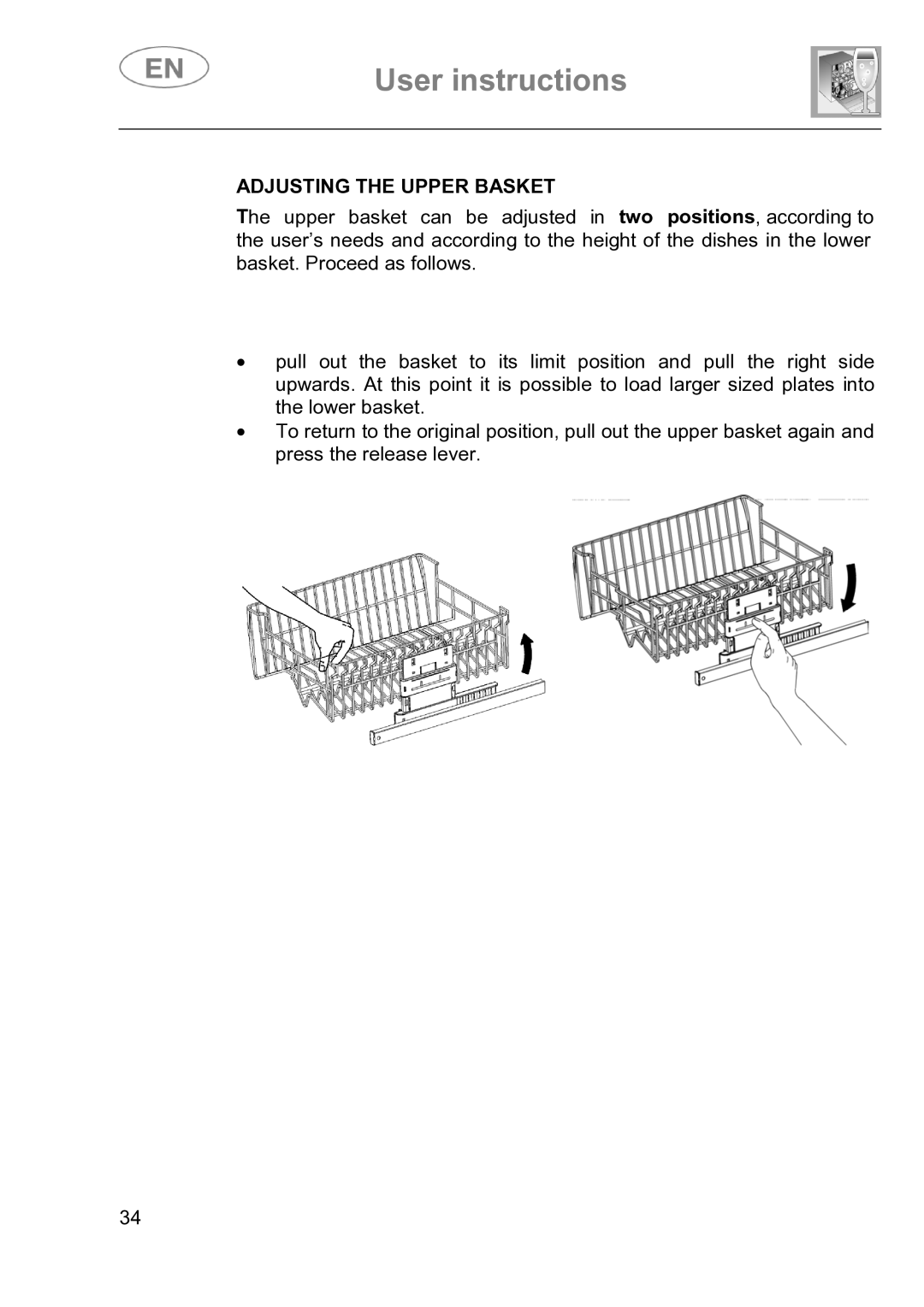 Smeg DI614H instruction manual Adjusting the Upper Basket 