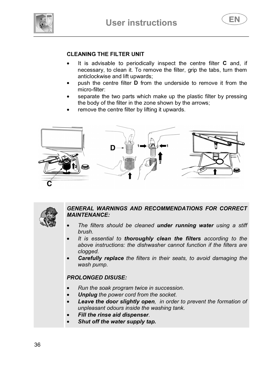 Smeg DI614H instruction manual Cleaning the Filter Unit, Prolonged Disuse 