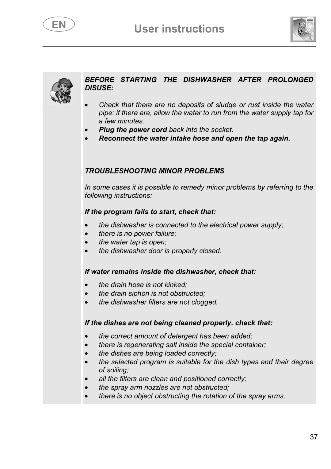 Smeg DI614H instruction manual Before Starting the Dishwasher After Prolonged Disuse 