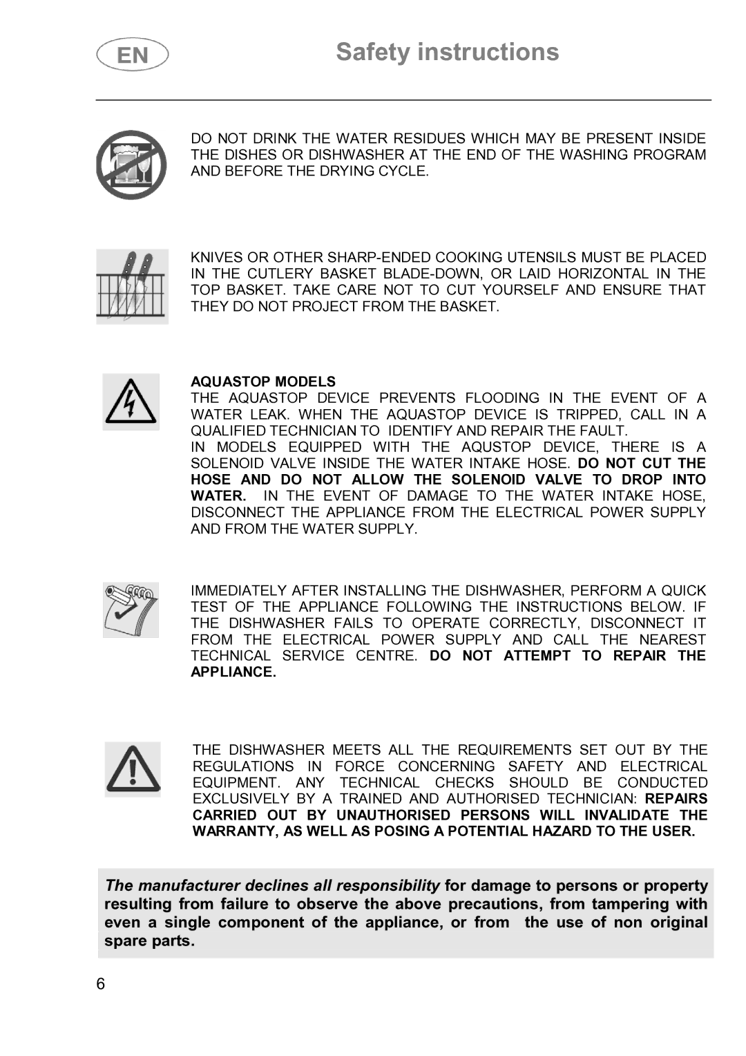 Smeg DI614H instruction manual Aquastop Models 