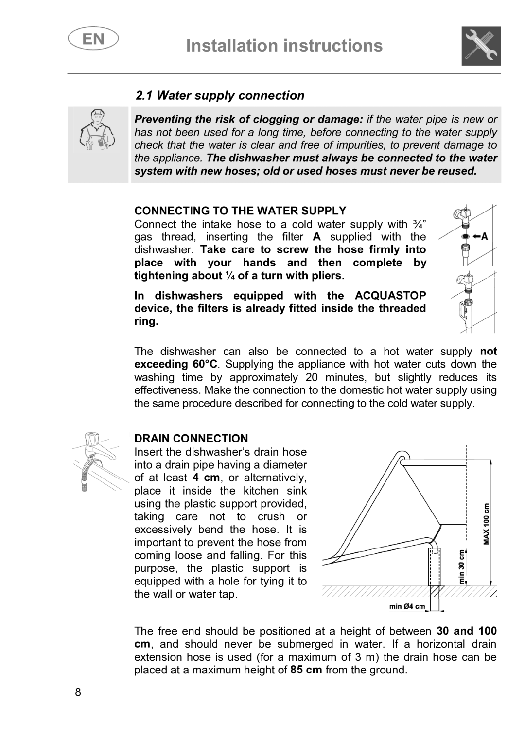 Smeg DI614H instruction manual Water supply connection, Connecting to the Water Supply, Drain Connection 