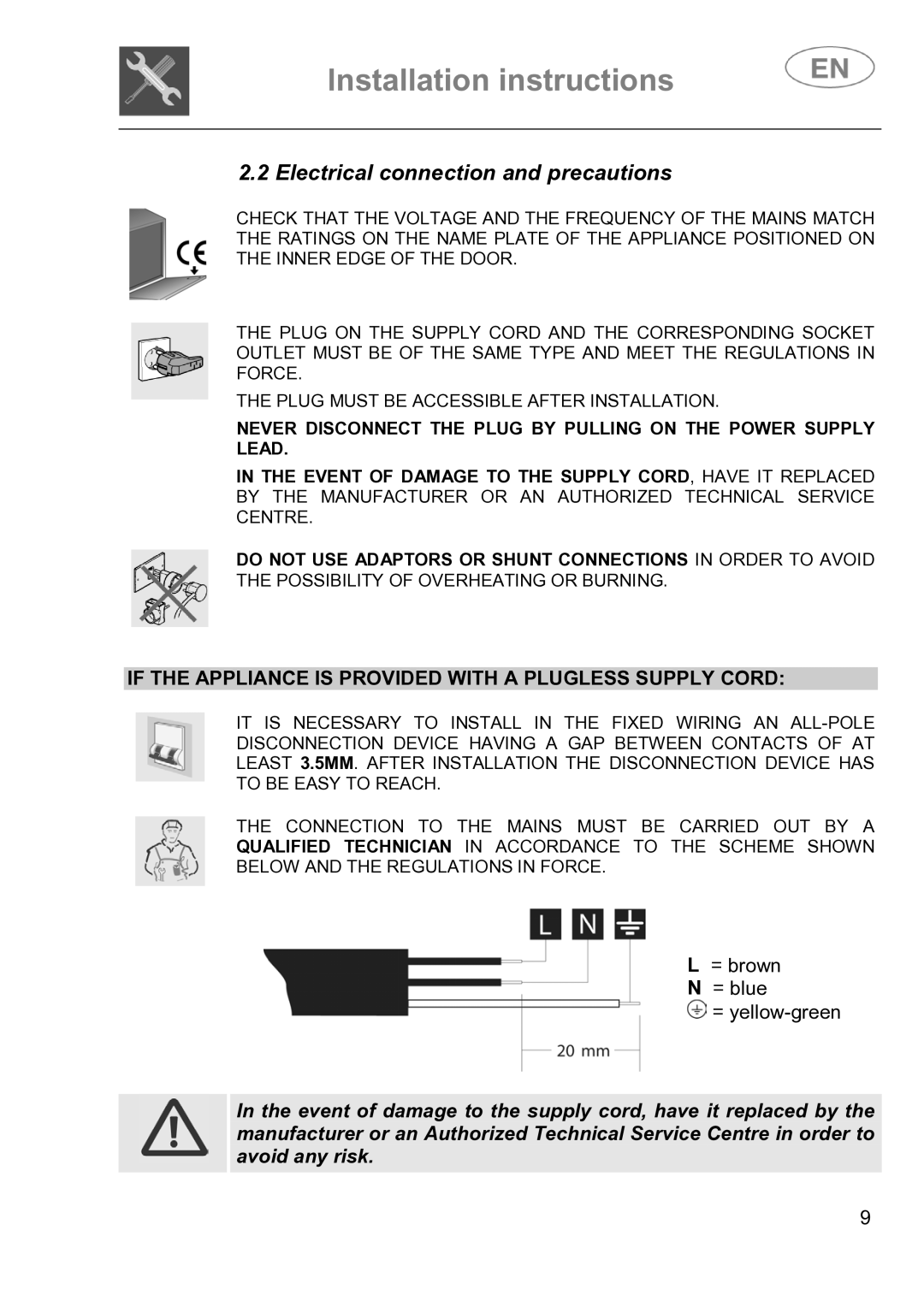 Smeg DI614H Electrical connection and precautions, If the Appliance is Provided with a Plugless Supply Cord 