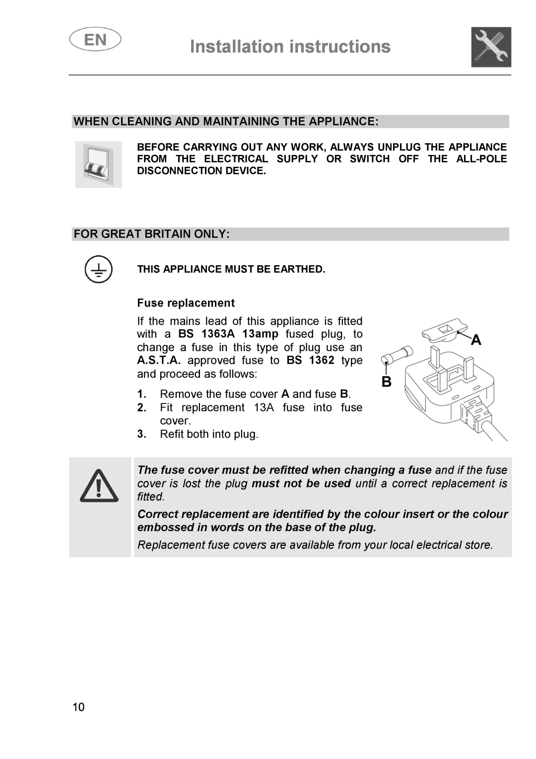 Smeg DI614H Installation instructions, When Cleaning And Maintaining The Appliance, For Great Britain Only 
