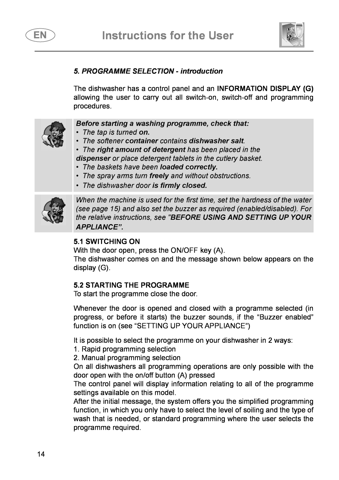 Smeg DI614H Instructions for the User, PROGRAMME SELECTION - introduction, Before starting a washing programme, check that 