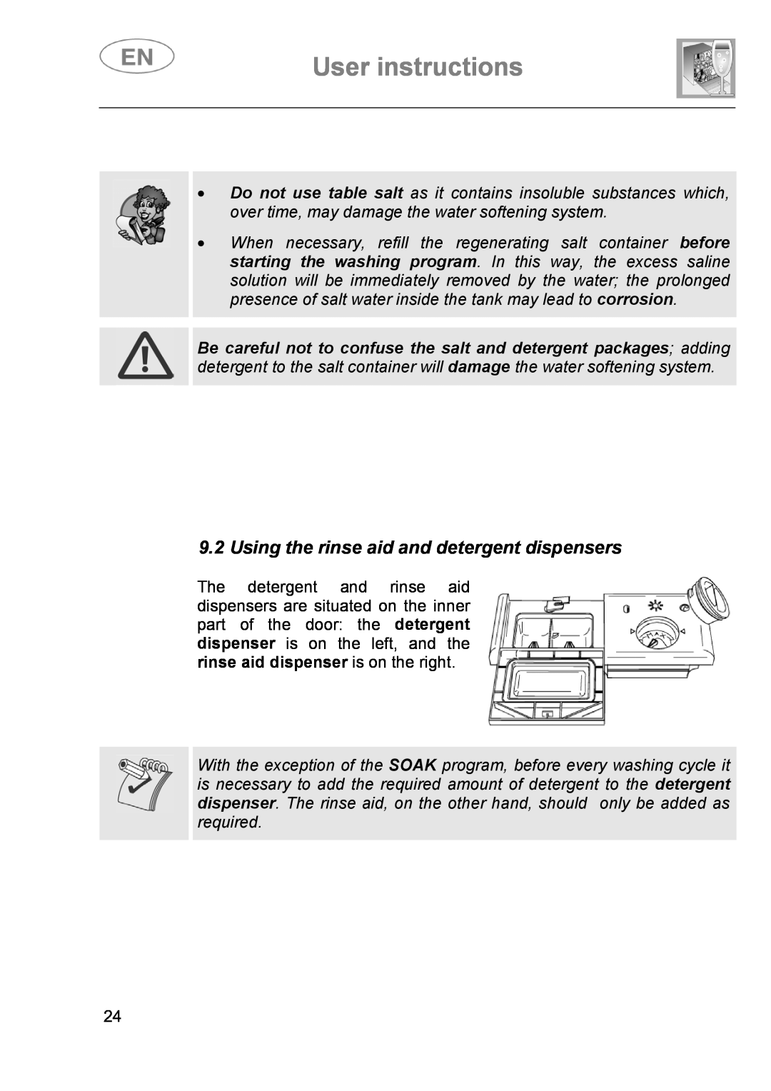 Smeg DI614H instruction manual Using the rinse aid and detergent dispensers, User instructions 
