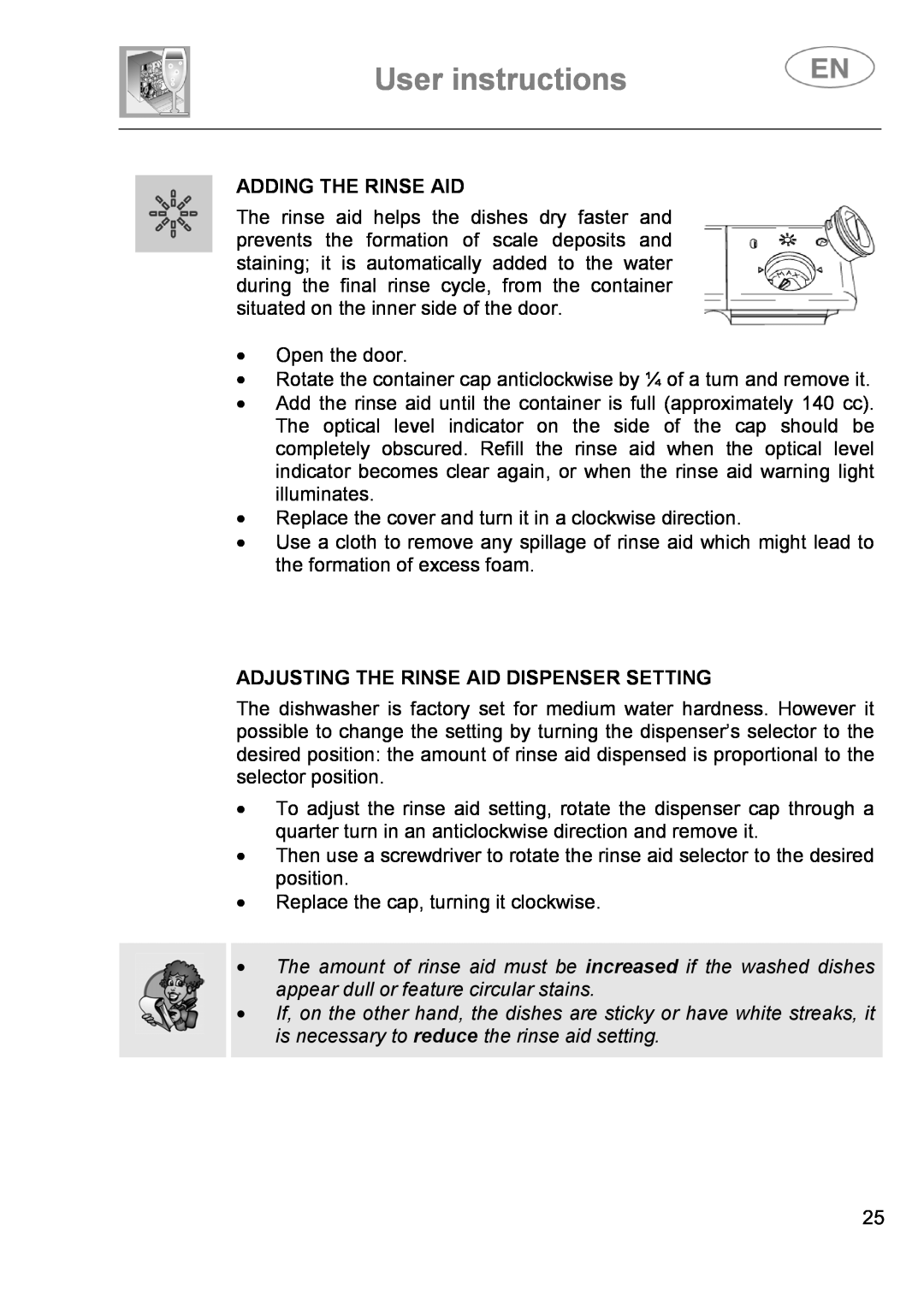 Smeg DI614H instruction manual User instructions, Adding The Rinse Aid, Adjusting The Rinse Aid Dispenser Setting 