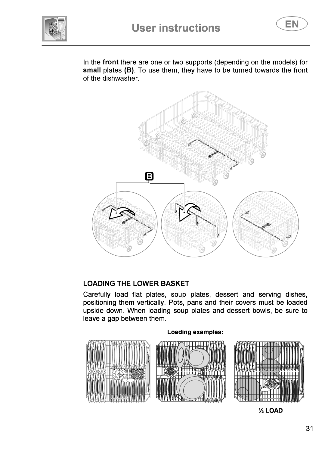 Smeg DI614H instruction manual User instructions, Loading The Lower Basket, Loading examples ½ LOAD 