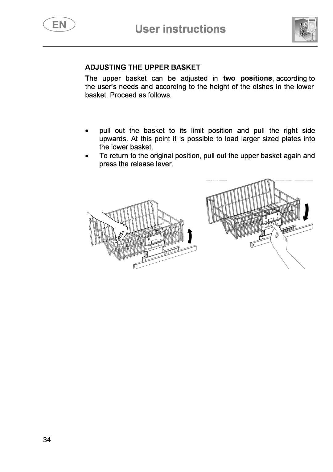 Smeg DI614H instruction manual User instructions, Adjusting The Upper Basket 