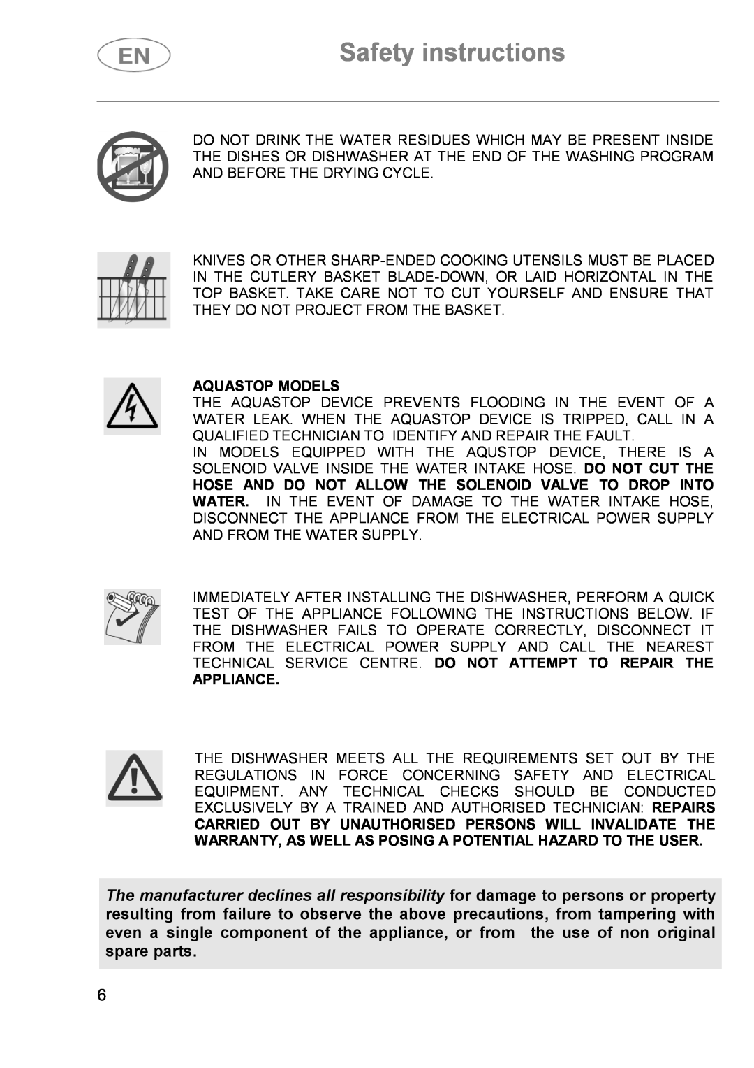 Smeg DI614H instruction manual Safety instructions, Aquastop Models, Appliance 