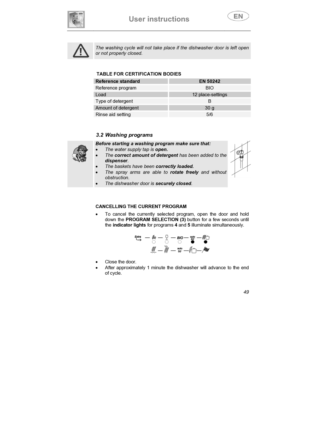 Smeg DI912 instruction manual Washing programs, Table for Certification Bodies, Cancelling the Current Program 