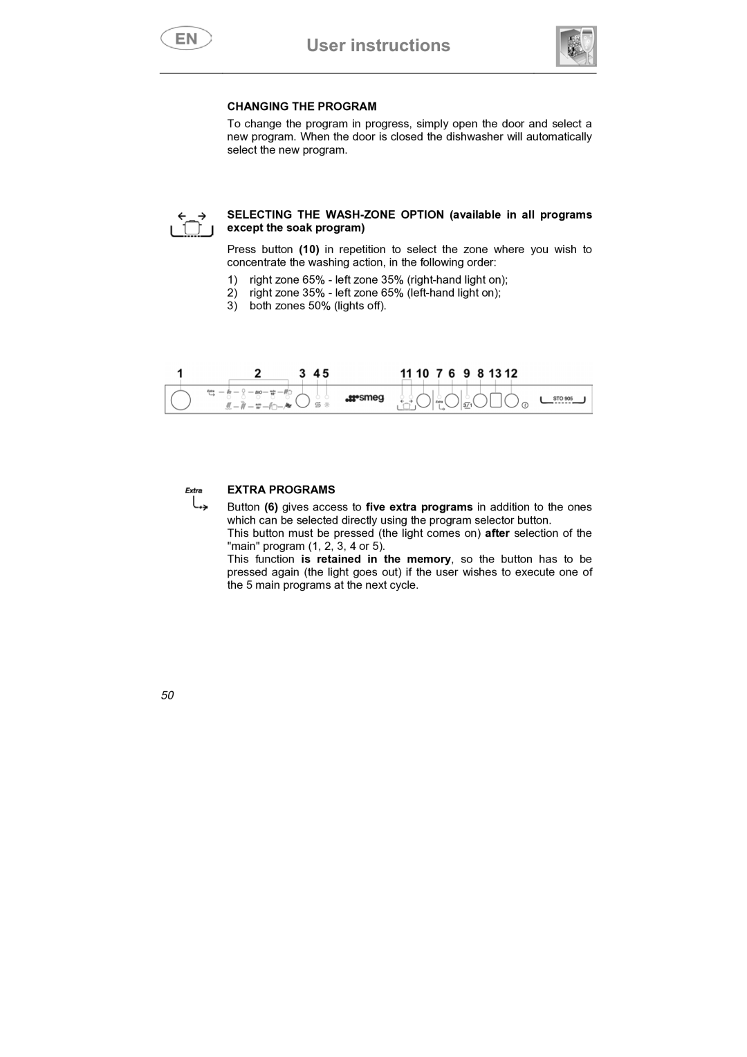 Smeg DI912 instruction manual Changing the Program, Extra Programs 