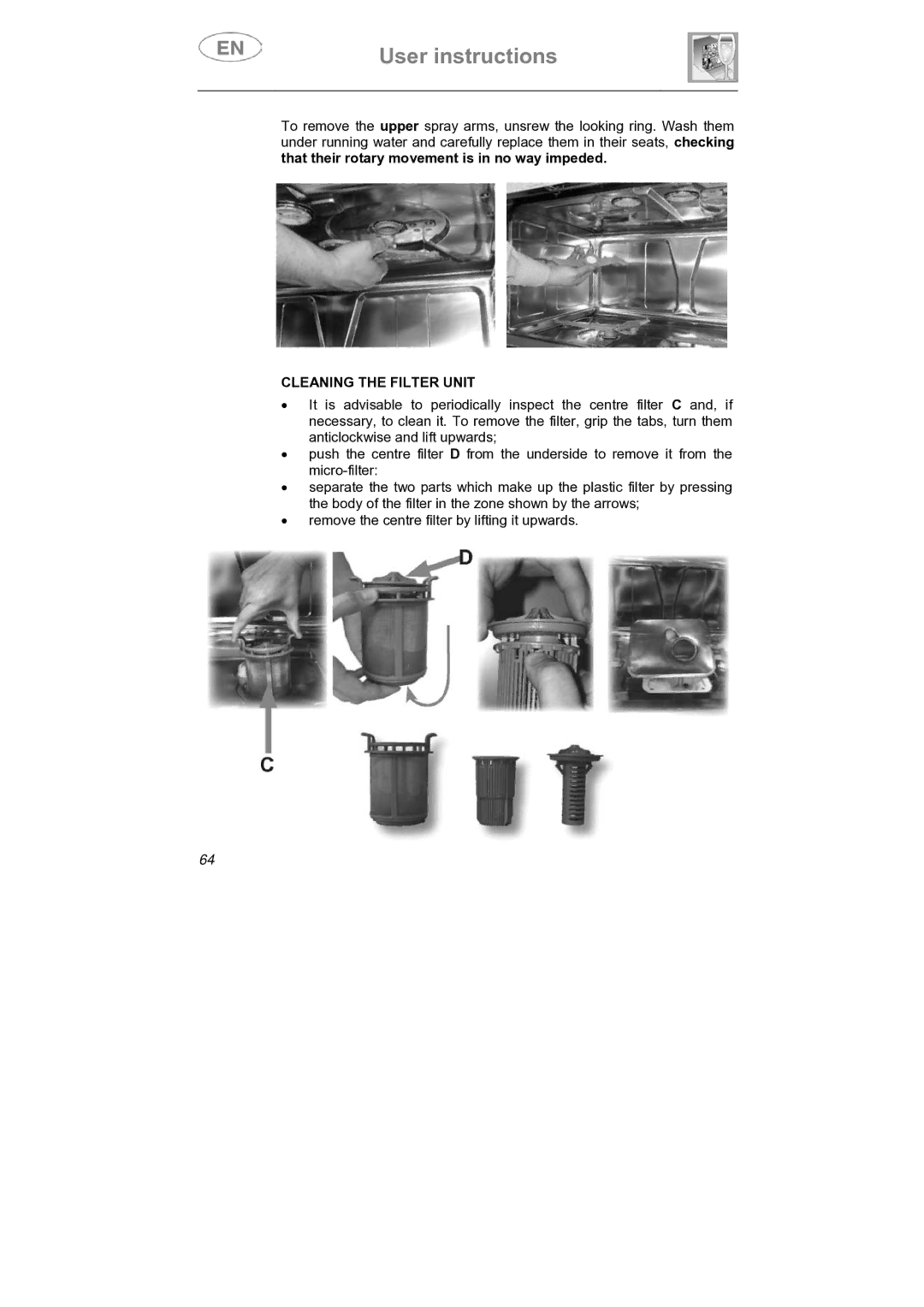 Smeg DI912 instruction manual Cleaning the Filter Unit 