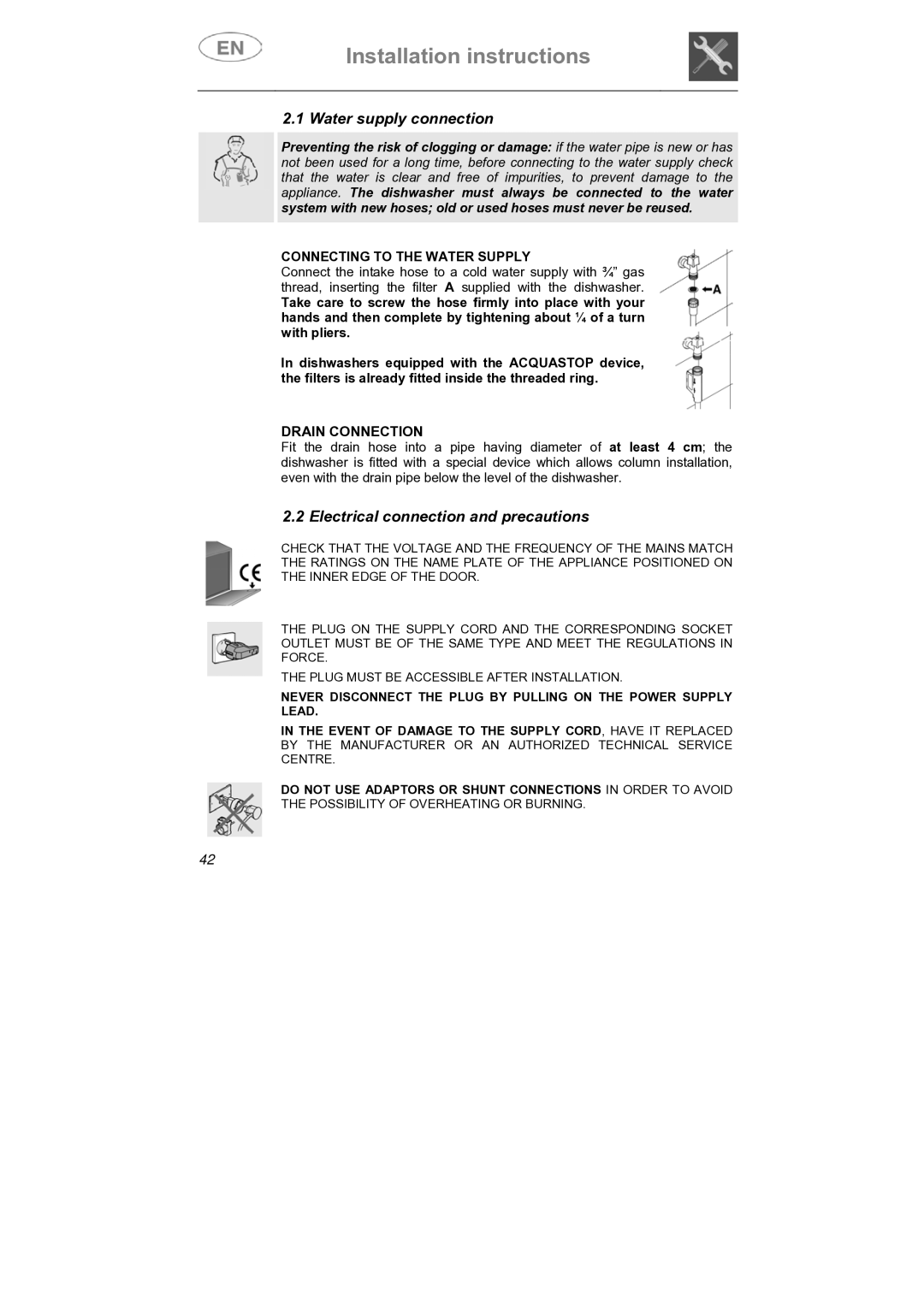 Smeg DI912 instruction manual Water supply connection, Electrical connection and precautions, Drain Connection 