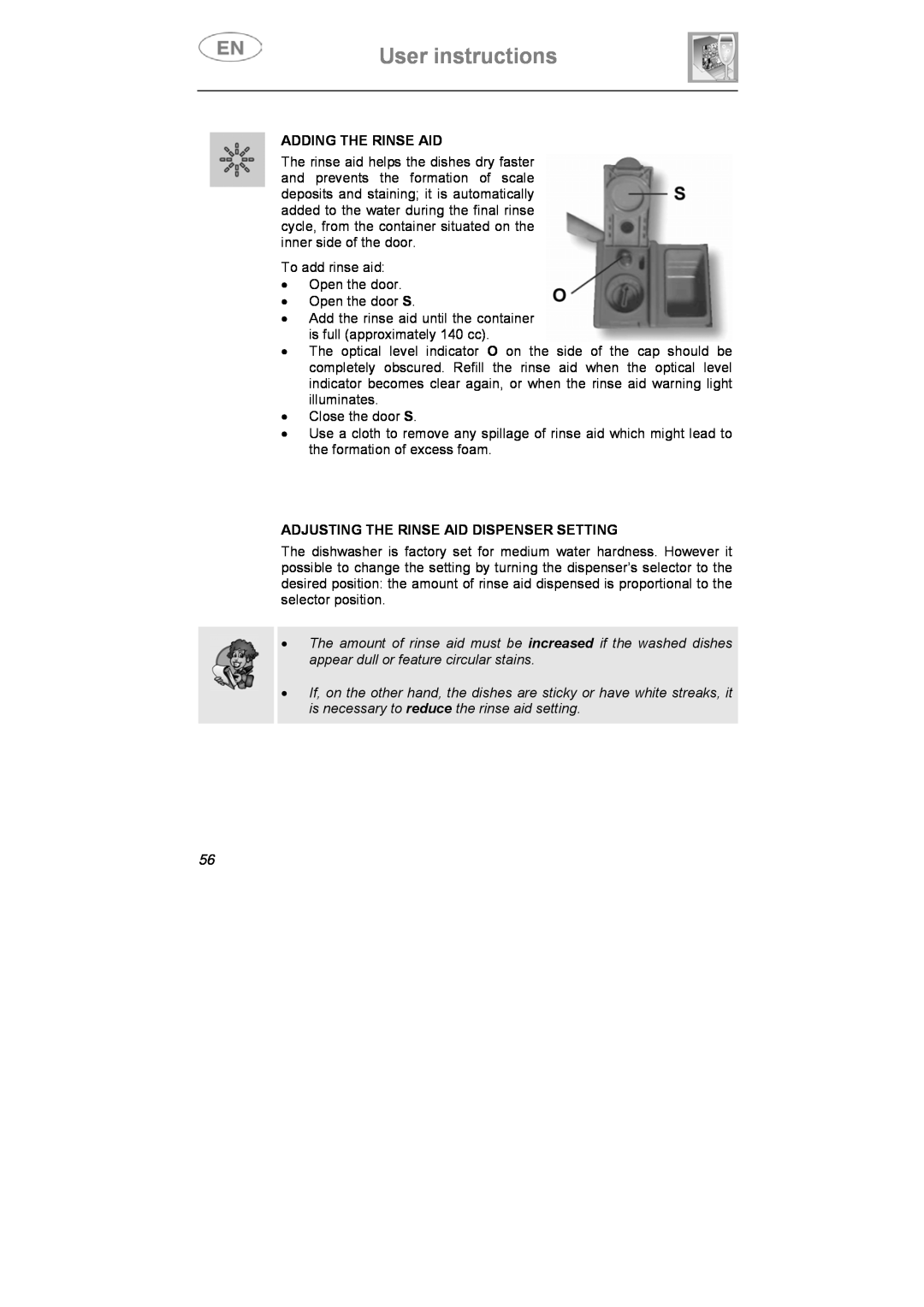 Smeg DI912 instruction manual Adding The Rinse Aid, Adjusting The Rinse Aid Dispenser Setting, User instructions 