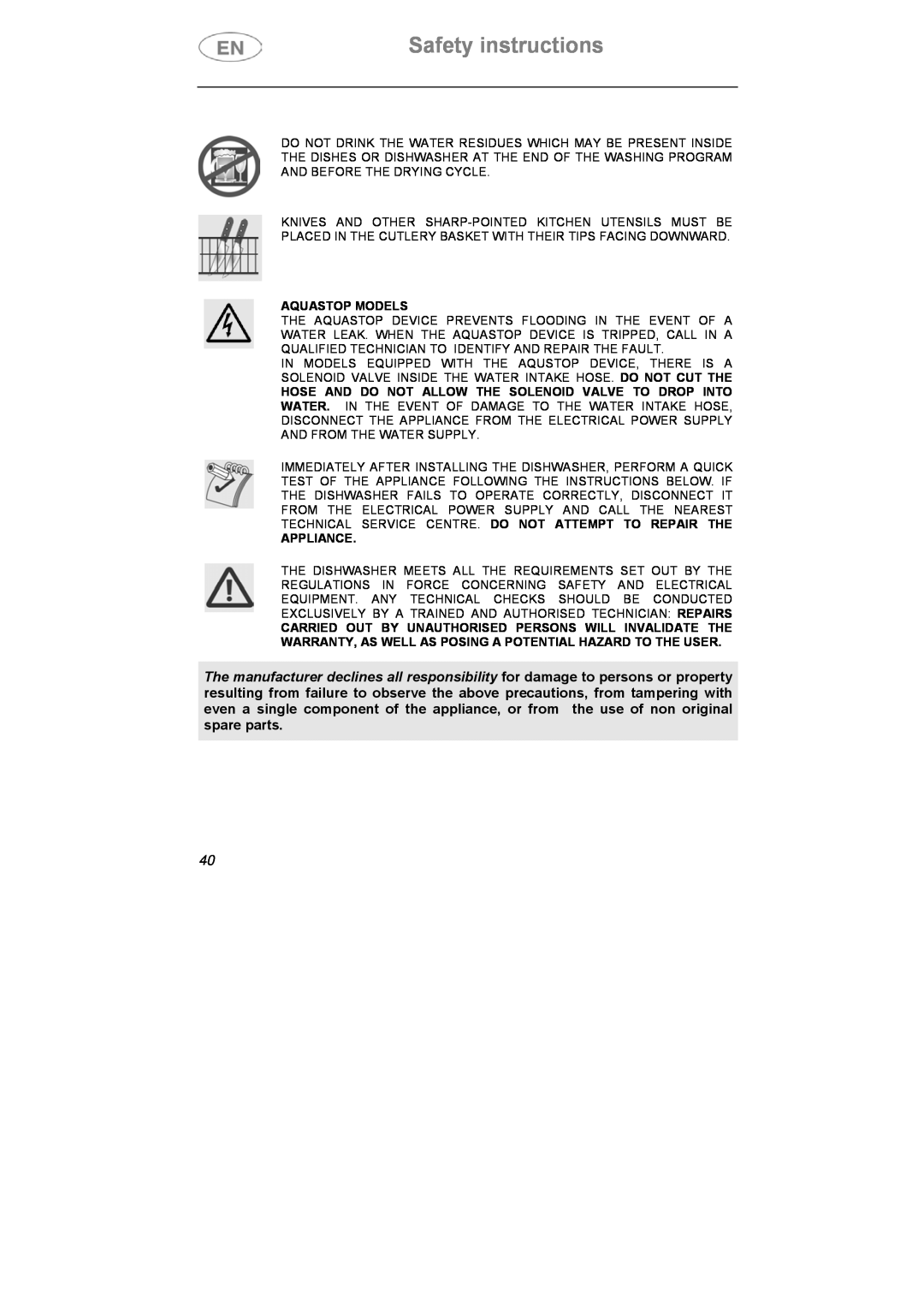 Smeg DI912 instruction manual Safety instructions, Aquastop Models, Appliance 