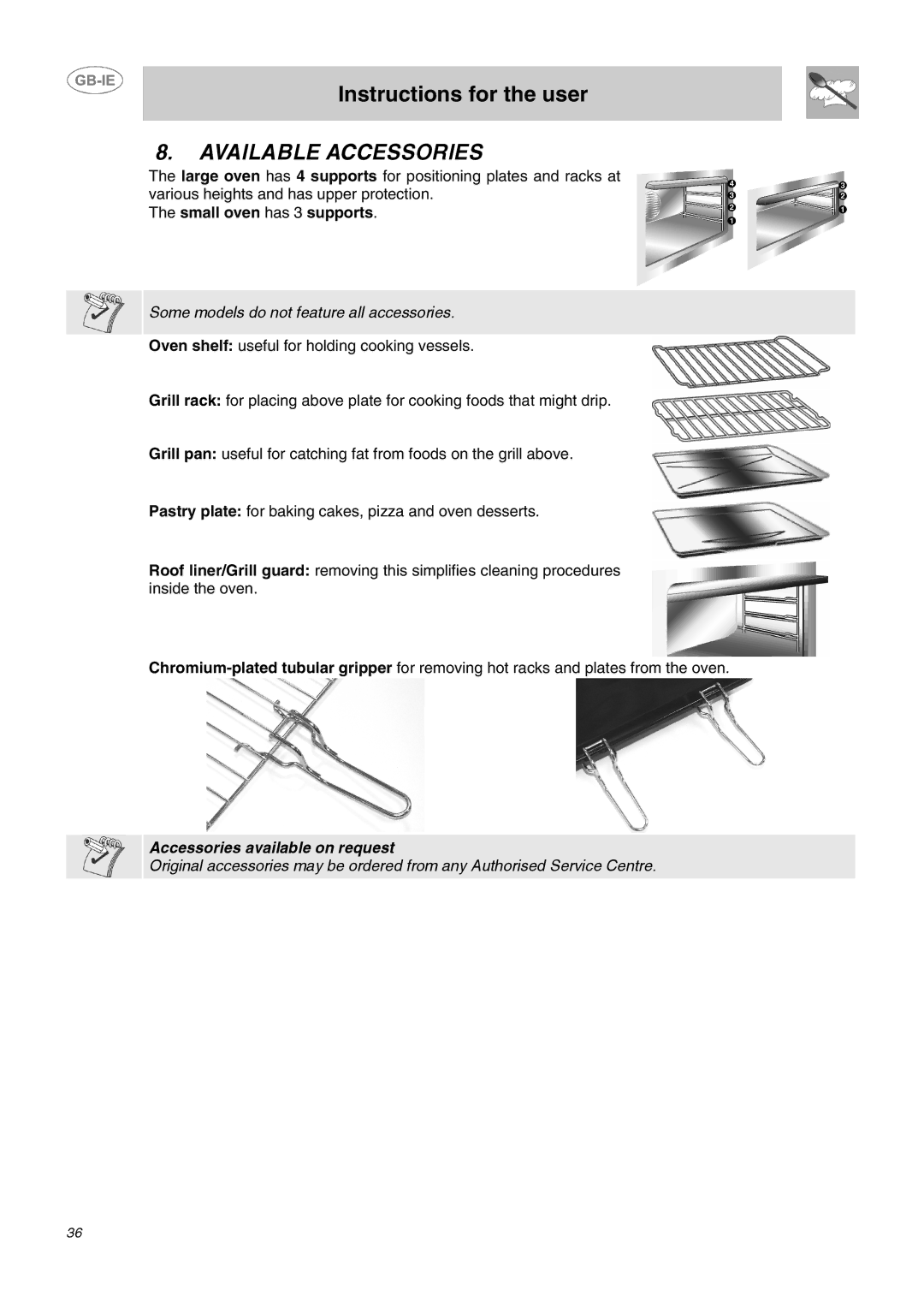 Smeg DO10PSS-5 manual Available Accessories, Small oven has 3 supports 