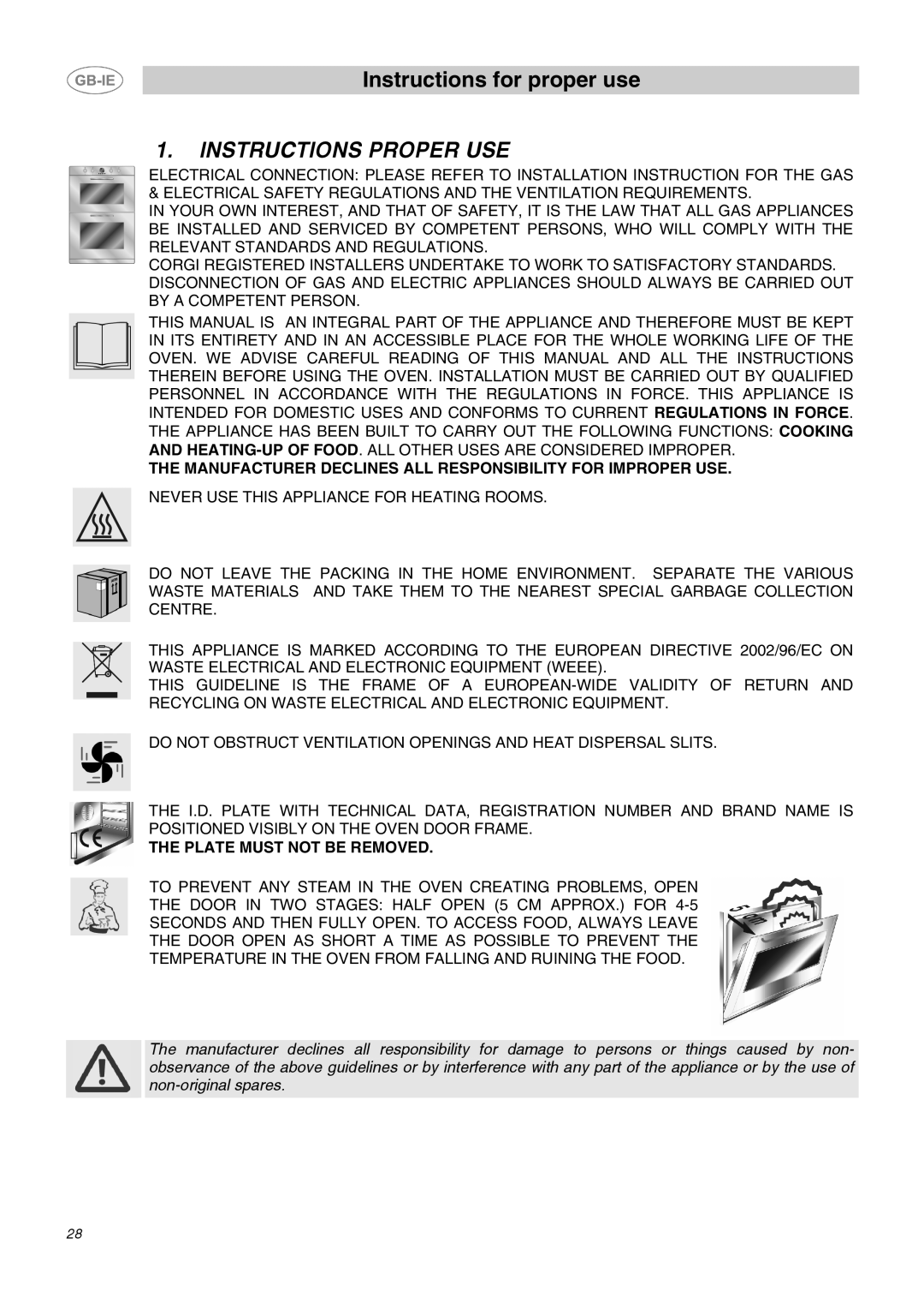 Smeg DO10PSS-5 manual Instructions Proper USE, Manufacturer Declines ALL Responsibility for Improper USE 