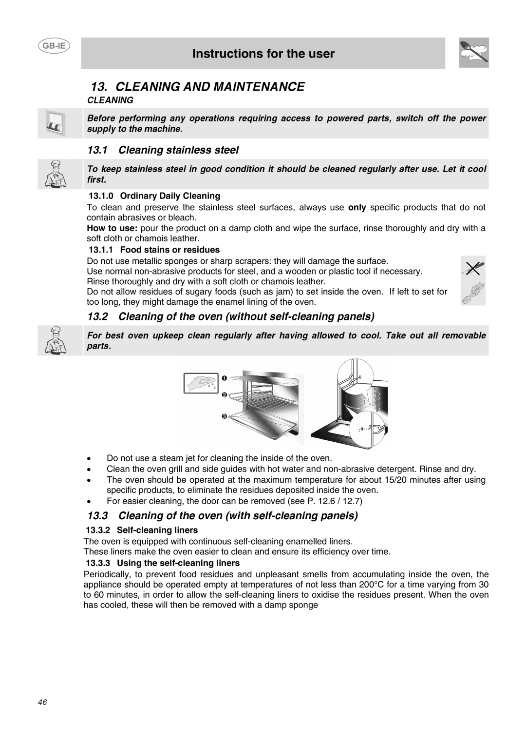 Smeg DO10PSS-5 manual Cleaning and Maintenance, Cleaning stainless steel, Cleaning of the oven without self-cleaning panels 