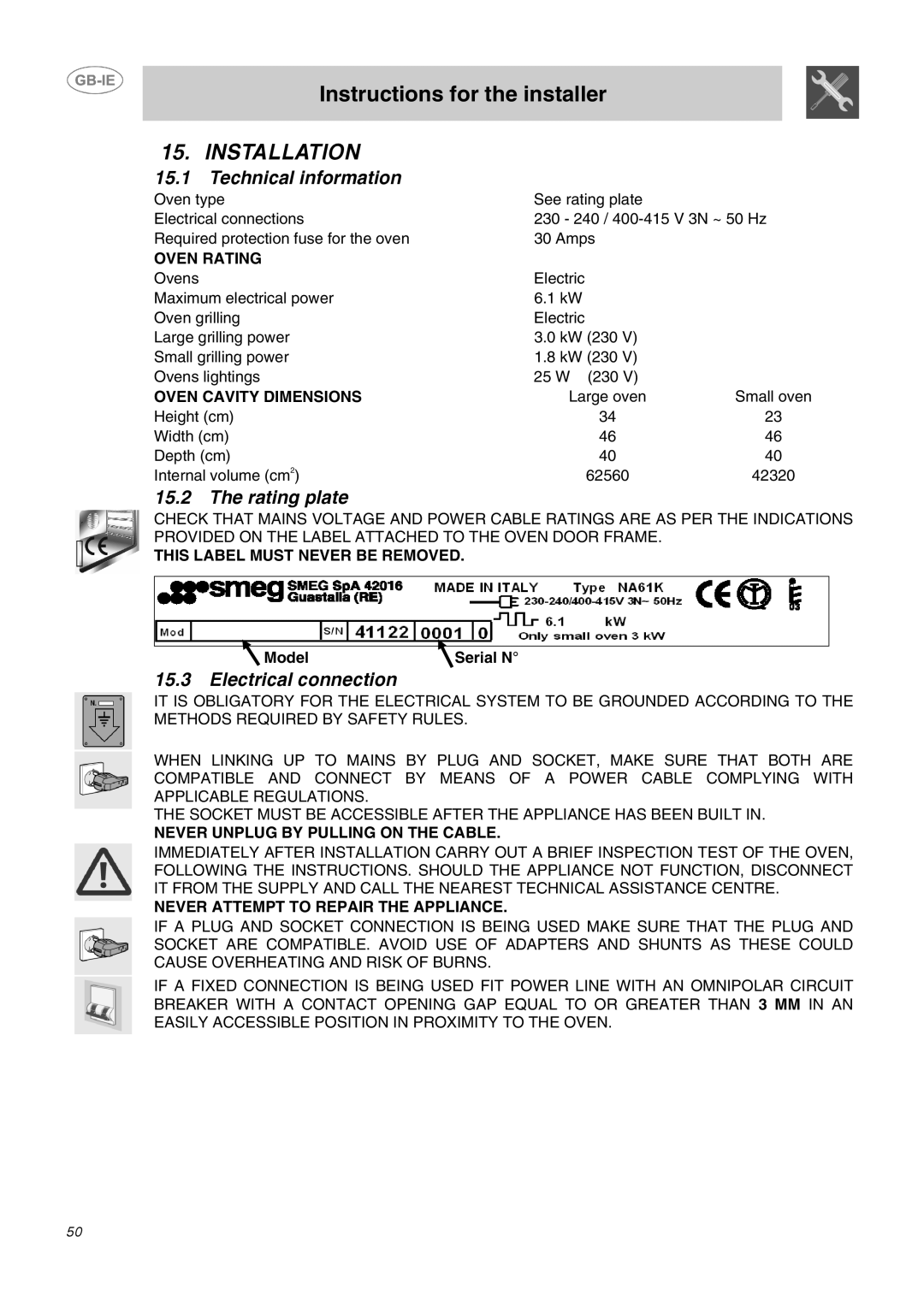 Smeg DO10PSS-5 manual Installation, Technical information, Rating plate, Electrical connection 