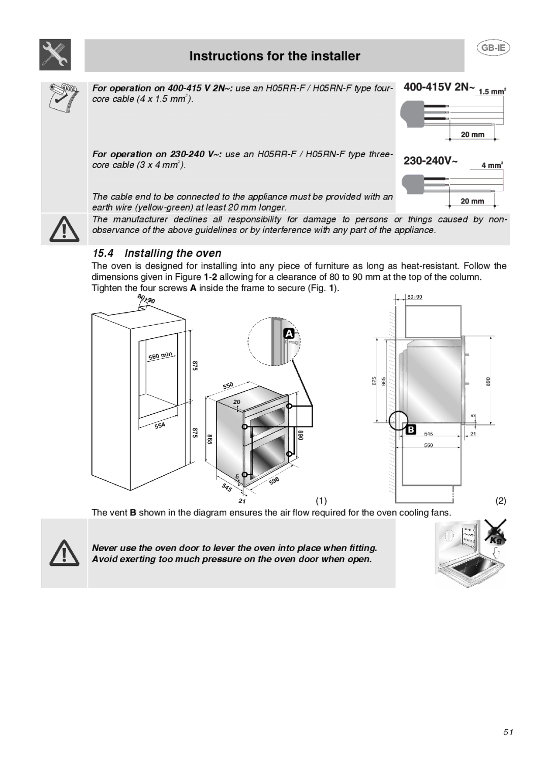 Smeg DO10PSS-5 manual Installing the oven 