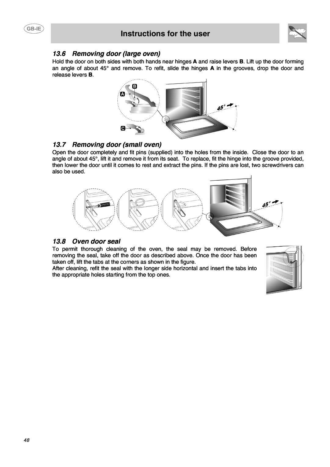Smeg DO10PSS-5 manual Removing door large oven, Removing door small oven, Oven door seal, Instructions for the user 