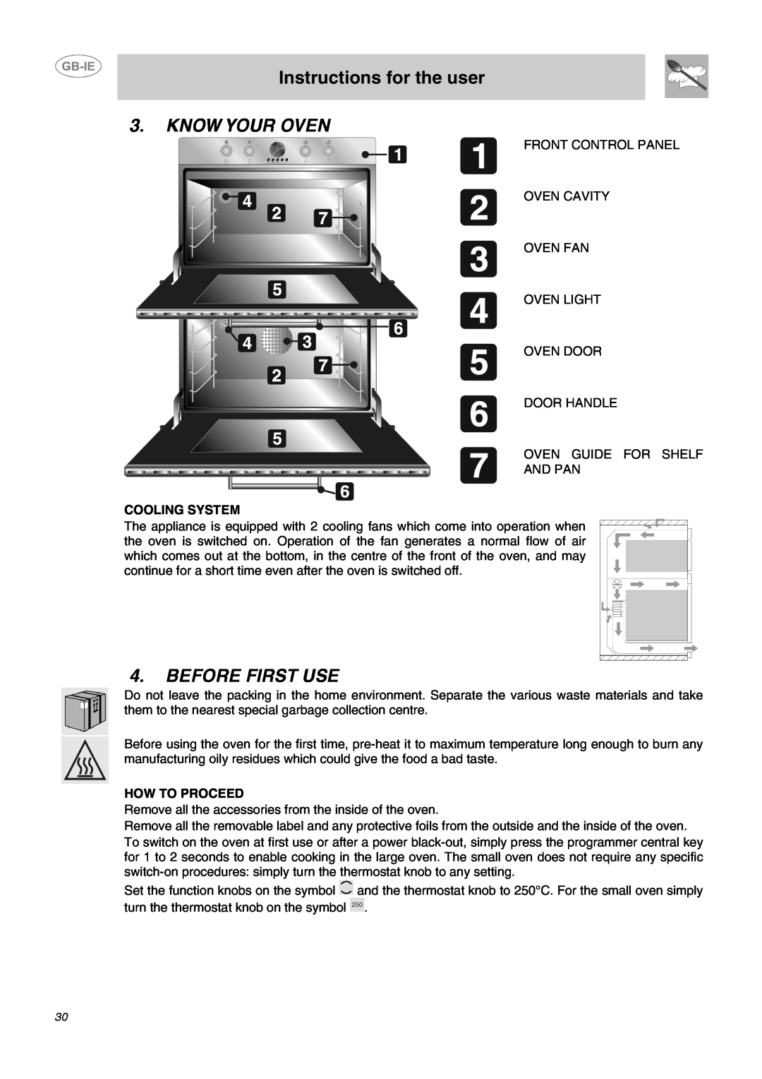 Smeg DO10PSS-5 manual Instructions for the user, Know Your Oven, Before First Use, Cooling System, How To Proceed 